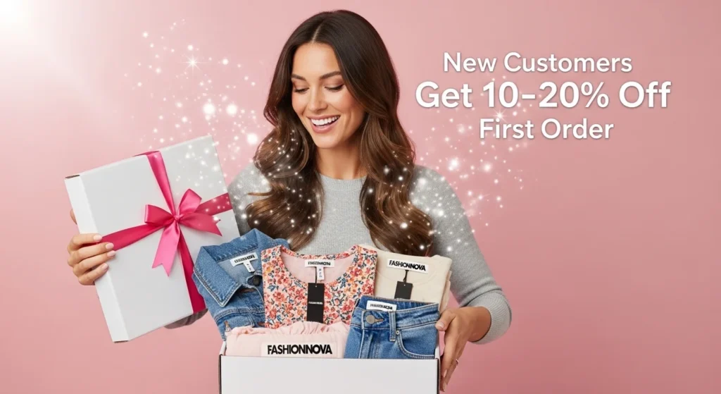 Woman opening shopping package gift box with Fashion Nova clothes inside