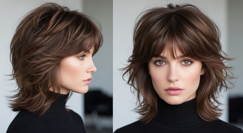 Shoulder length wolf cut hairstyle with textured ends