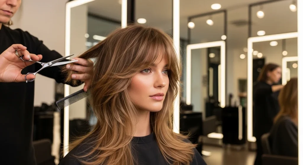 Stylist finishing layered wolf cut hairstyle in modern salon