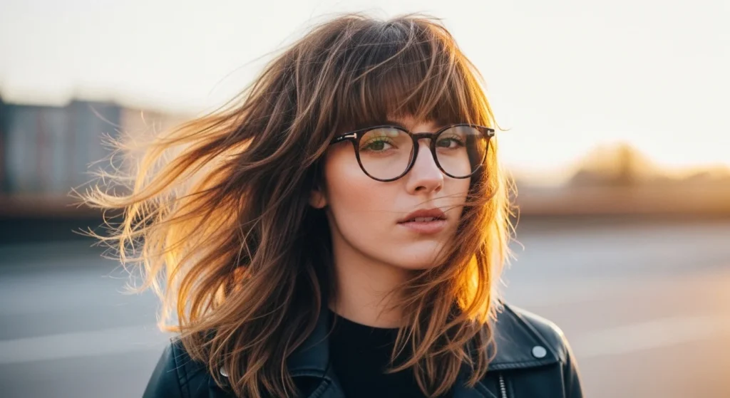 Woman showing textured wolf cut hairstyle with voluminous layers
