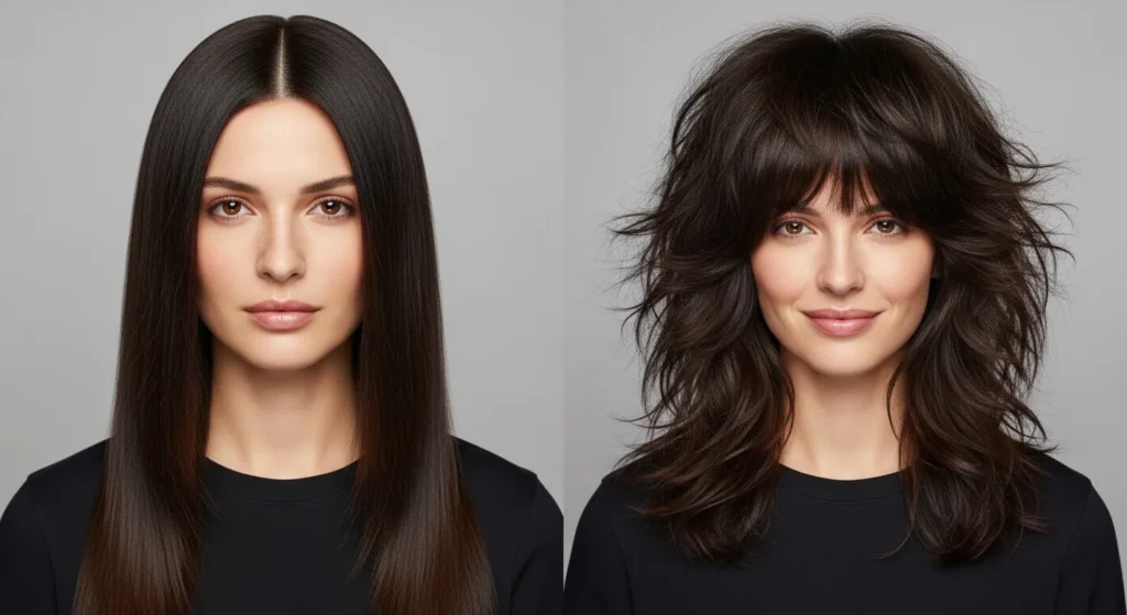 Before and after wolf cut hairstyle transformation on woman