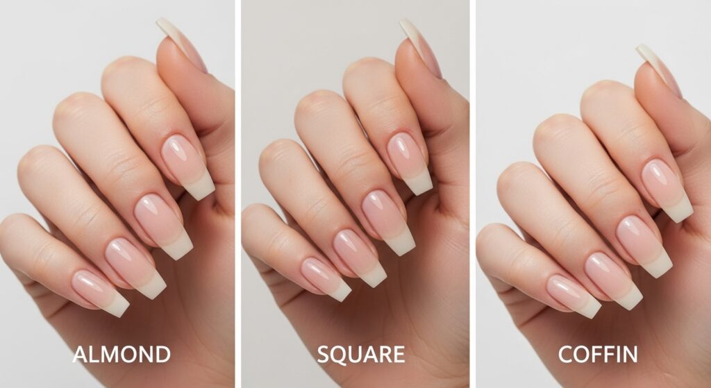 Close up natural nude almond shaped nails on beige background.