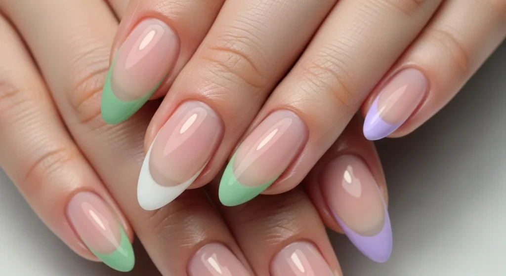 Elegant French almond nails with soft lilac tips on a sheer pink base — 2026 trend

