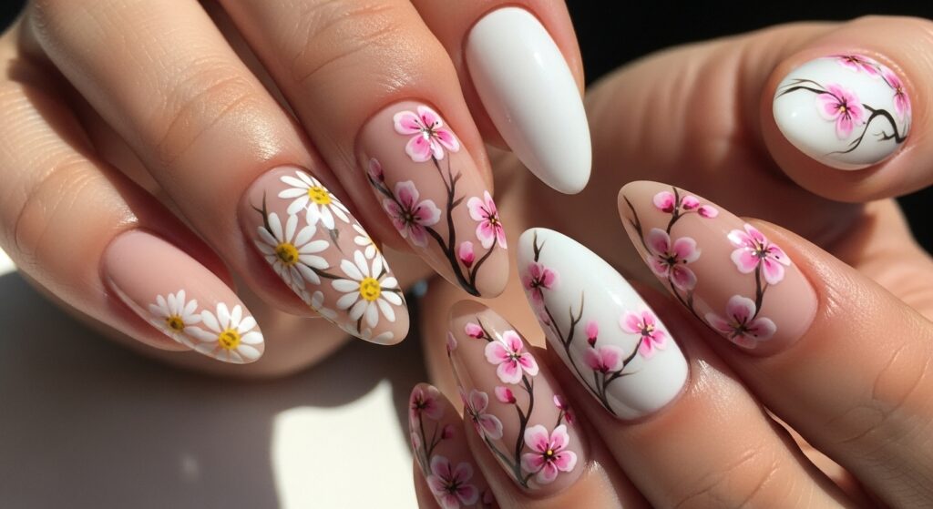 Floral almond nail art with hand-painted daisies on a nude base — spring 2026 nail designs