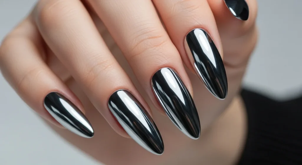 Long acrylic almond nail designs with silver chrome powder finish  2026 salon style