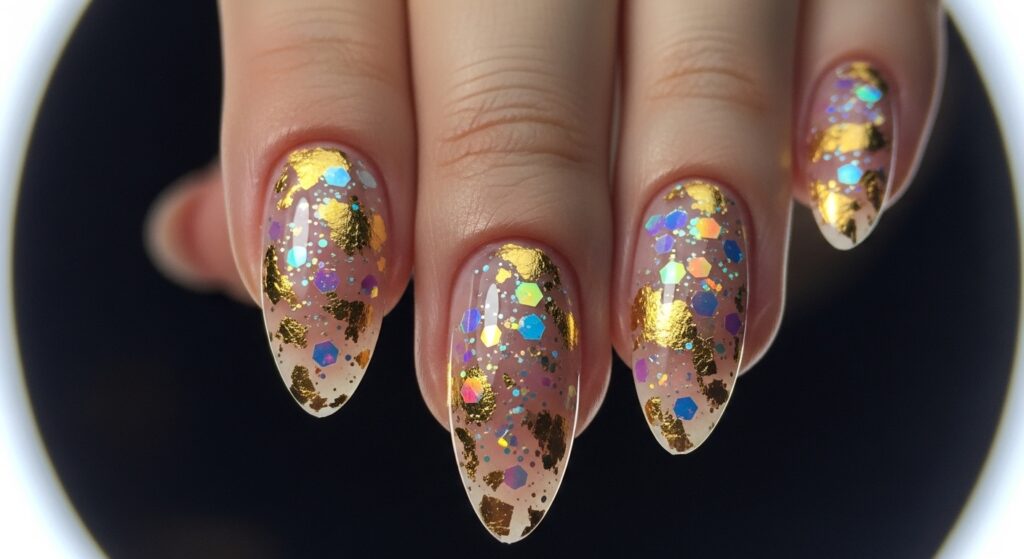 Glitter almond nails with gold foil accent on a nude base glamorous nail design idea


