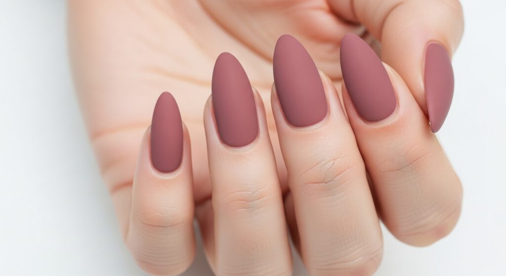 Matte dusty rose almond nails with a velvety finish minimalist nail design 2026