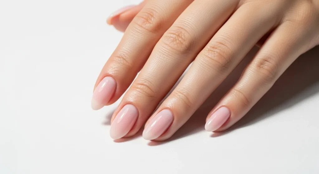 Short almond nail designs with milky sheer pink polish simple and elegant 2026 manicure