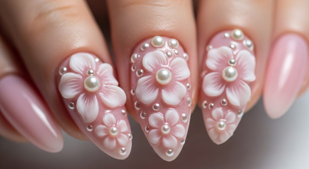 3D almond nail designs with raised flower petals and pearl embellishments sensorial nails trend 2026