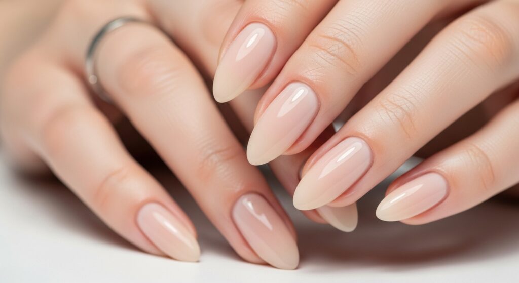 Pink to white ombre almond nails on a marble background trending gradient nail design 2026

