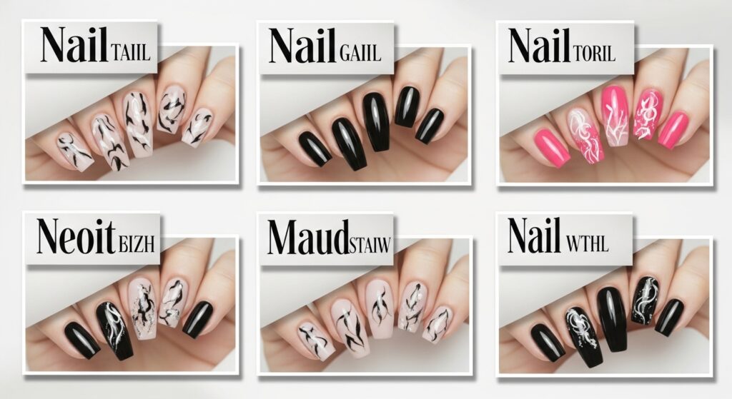 Almond nail designs style guide showing different looks for classic, bold, romantic and minimalist personalities

