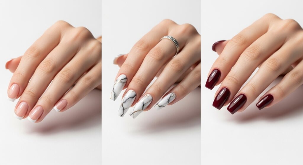 Three hands showing nude French tips, marble coffin acrylic nails, and burgundy gel nails on a white background.