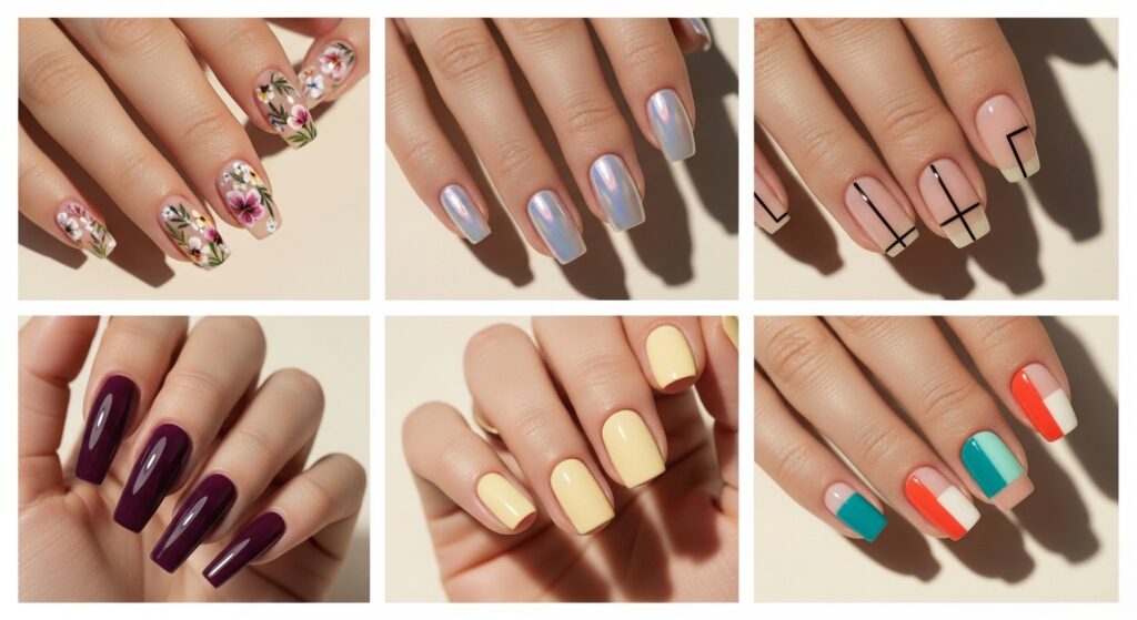 Six close-up nail styles including floral, chrome, negative space, plum, butter, and color block nail designs on a cream background.