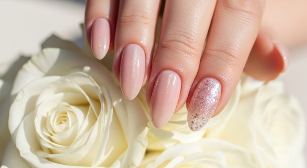 short gel nails in a trending seasonal colour with minimal design.