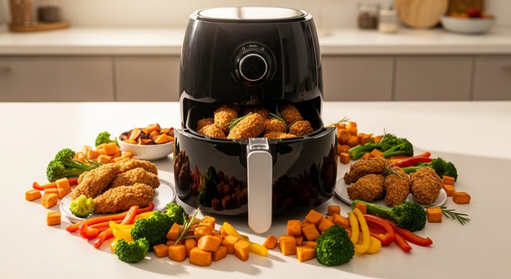 Six-panel grid showing air fryer chicken, vegetables, salmon, and healthy snack recipes on white plates.
