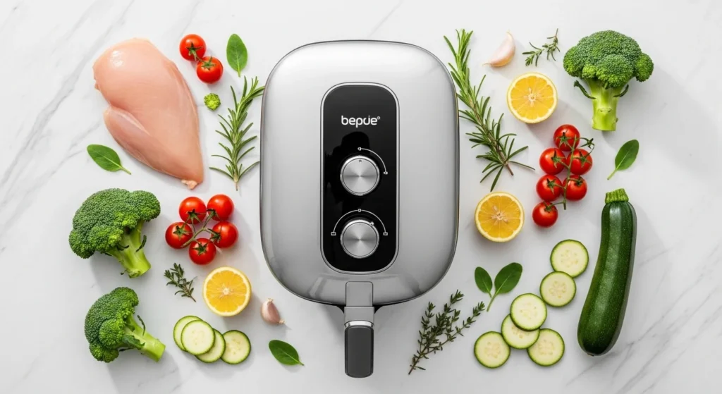 Air fryer surrounded by fresh healthy ingredients on a marble kitchen surface.