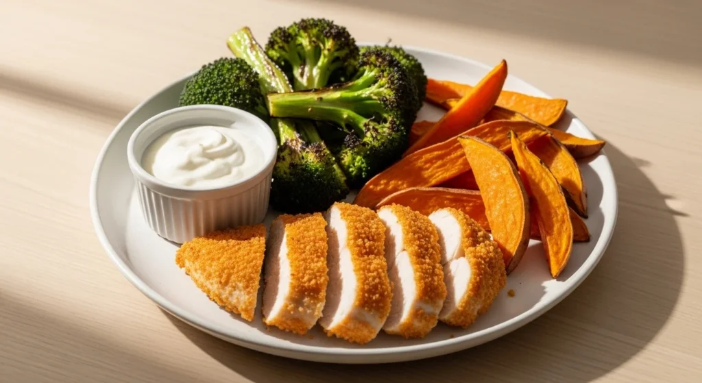 Air fryer cooked chicken, broccoli, and sweet potato meal on a wooden table.