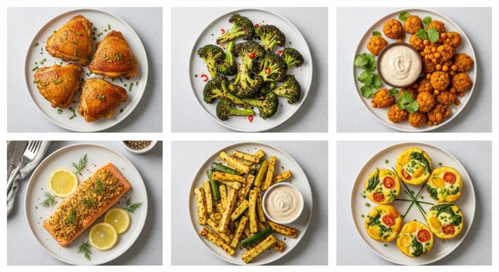 Air fryer cooking crispy chicken and roasted vegetables for healthy meal preparation.