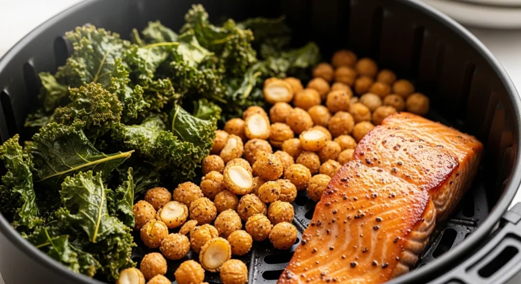 Healthy air fryer snacks and salmon cooking inside air fryer basket with crispy texture.