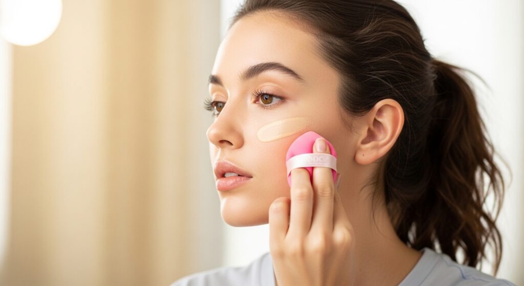 A girl blending lightweight foundation on her face with a beauty sponge.