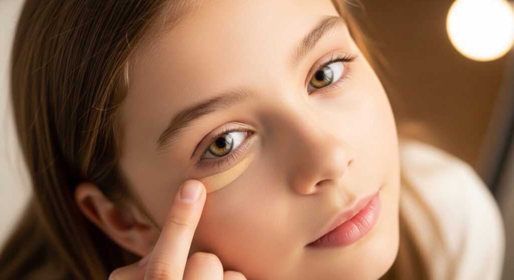 Close-up of a girl applying concealer under her eyes with her fingertip.