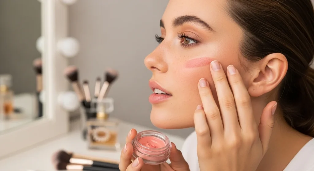A girl applying cream blush on her cheeks with her fingertips.