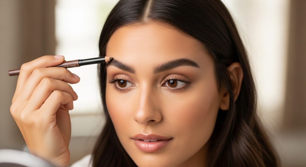 A girl grooming her eyebrows with a brow pencil for a natural finish.