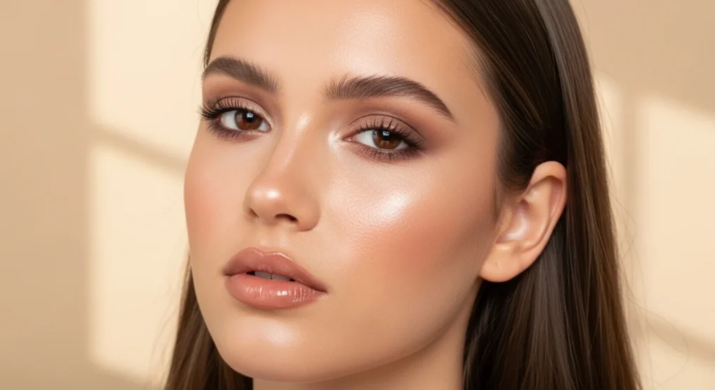 A girl with a soft, natural highlighter glow on her cheekbones.