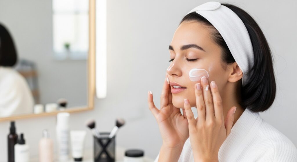 A girl applying moisturizer as part of her skincare routine before makeup.