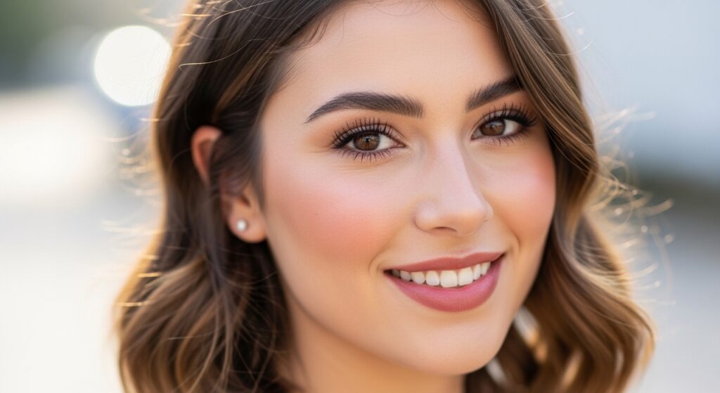 A confident girl smiling with fresh, natural makeup that enhances her features.