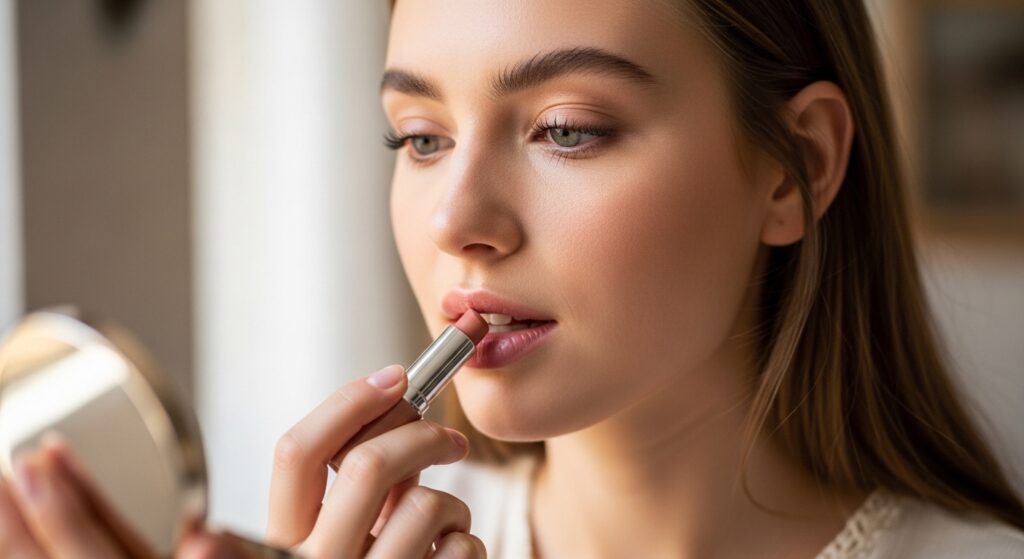 A girl applying a nude lip balm for a natural lip look.