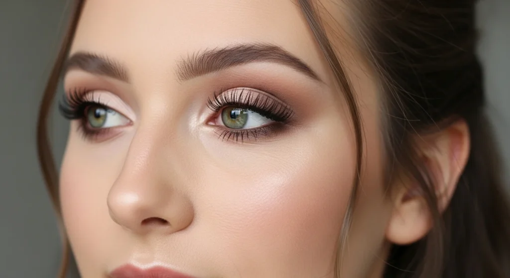 A girl with soft neutral eyeshadow and mascara for a natural eye look.