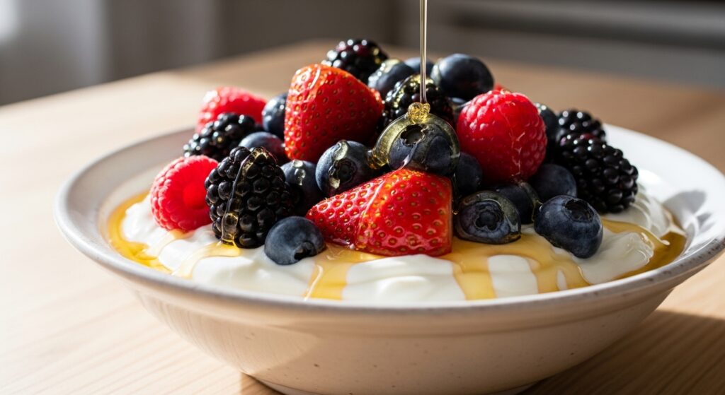 A bowl of Greek yogurt topped with fresh mixed berries and a drizzle of honey.