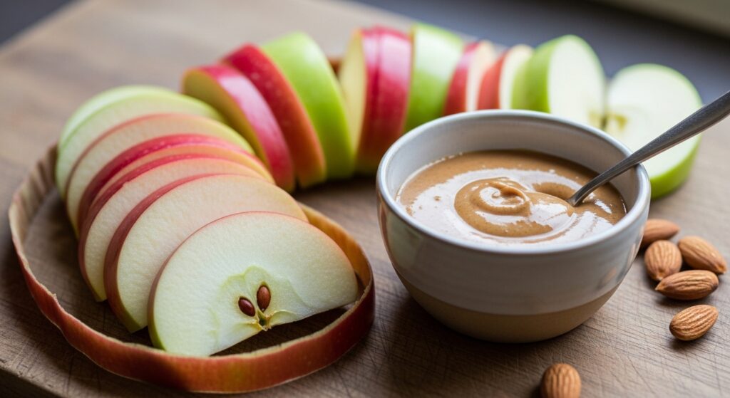 Fresh apple slices arranged next to a small bowl of almond butter.