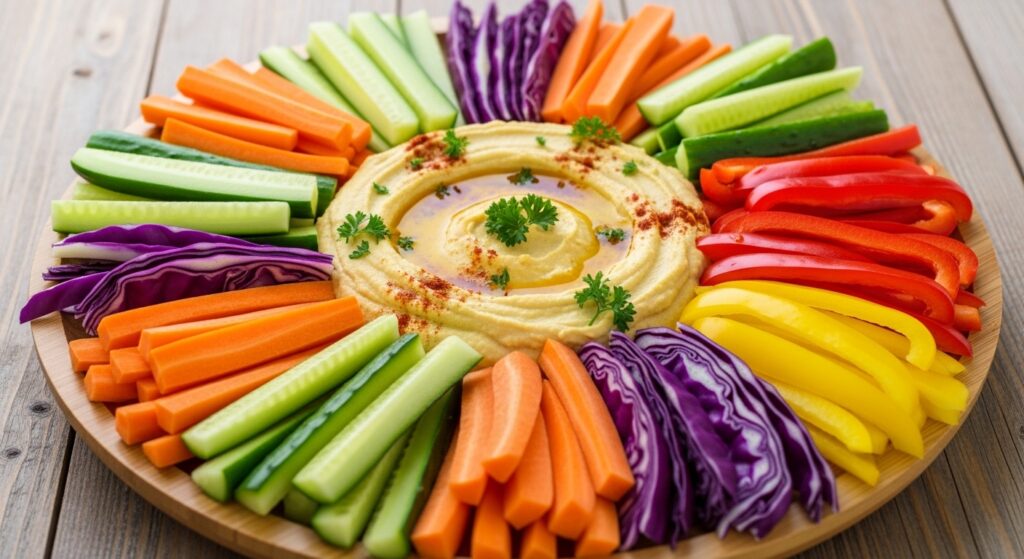 A colorful platter of vegetable sticks with a bowl of creamy hummus in the center.