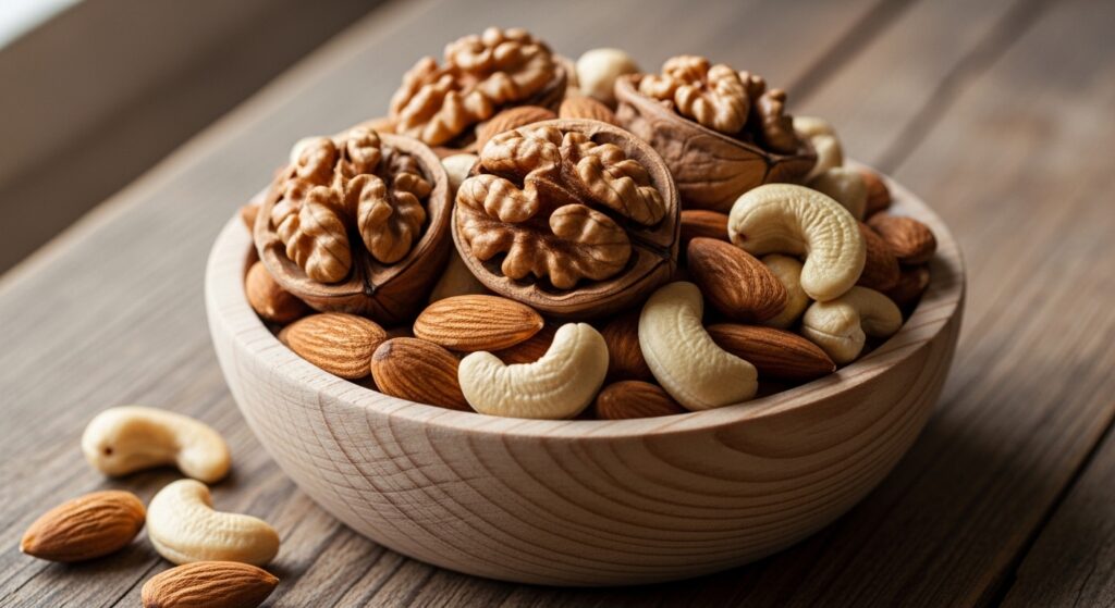A small wooden bowl filled with a mix of almonds, walnuts, and cashews.