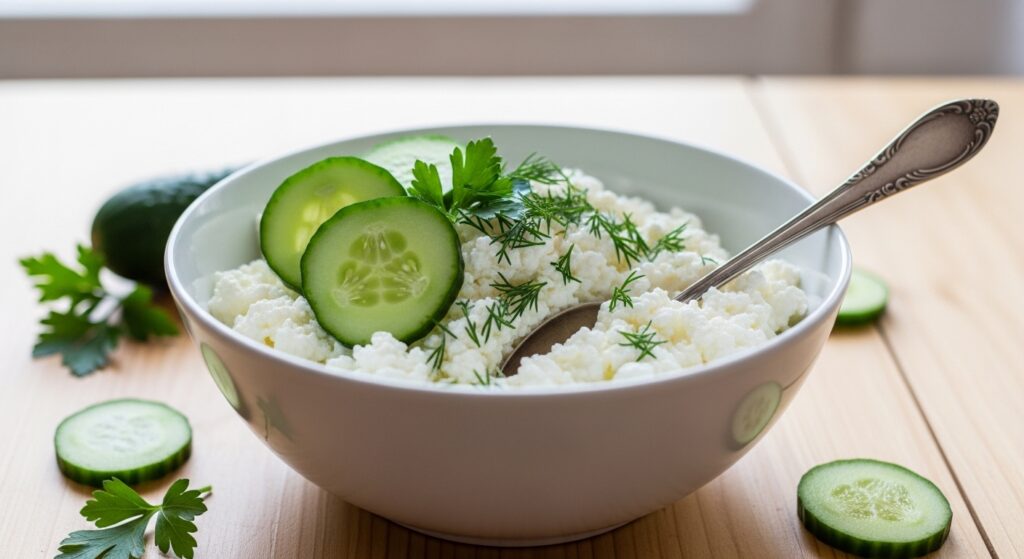 A bowl of creamy cottage cheese topped with fresh cucumber slices and herbs.