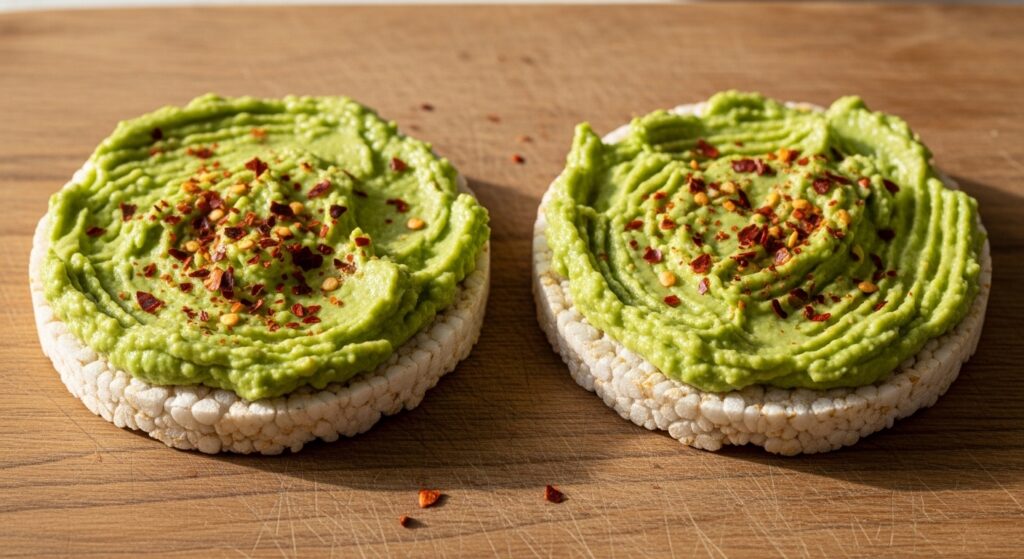 Two rice cakes topped with mashed avocado and red pepper flakes on a wooden board.