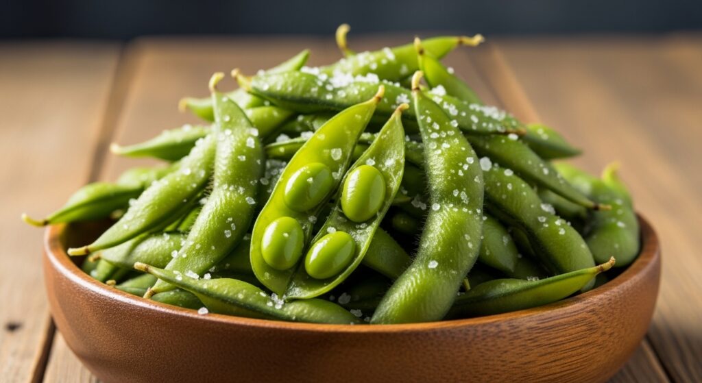 A bowl of steamed edamame pods lightly sprinkled with sea salt.