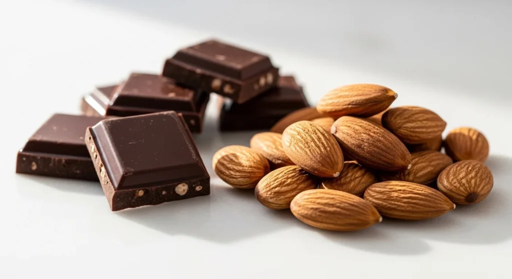 A few squares of dark chocolate beside a small pile of raw almonds on a white surface.