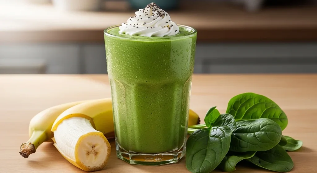 A vibrant green smoothie in a glass with a banana and fresh spinach leaves beside it.
