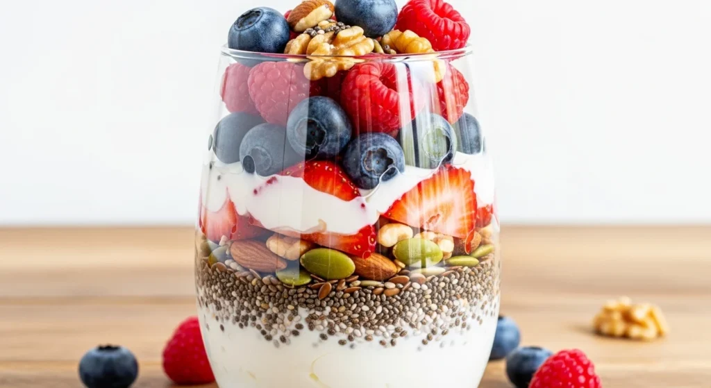 A pan of fluffy scrambled eggs with wilted spinach and crumbled feta cheese.