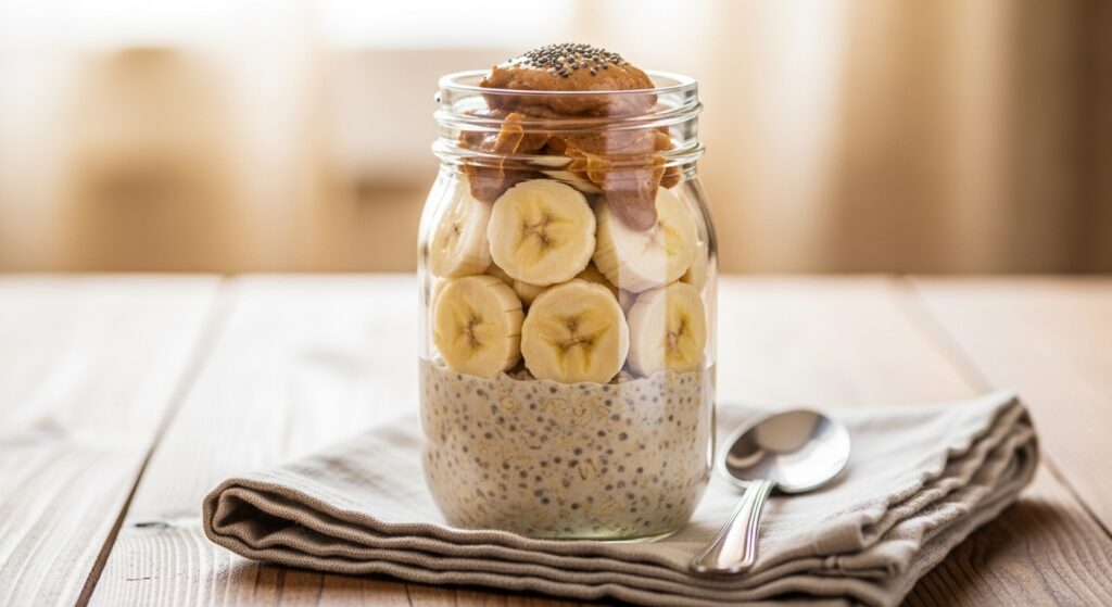 A thick protein smoothie in a tall glass with a banana and peanut butter jar beside it.