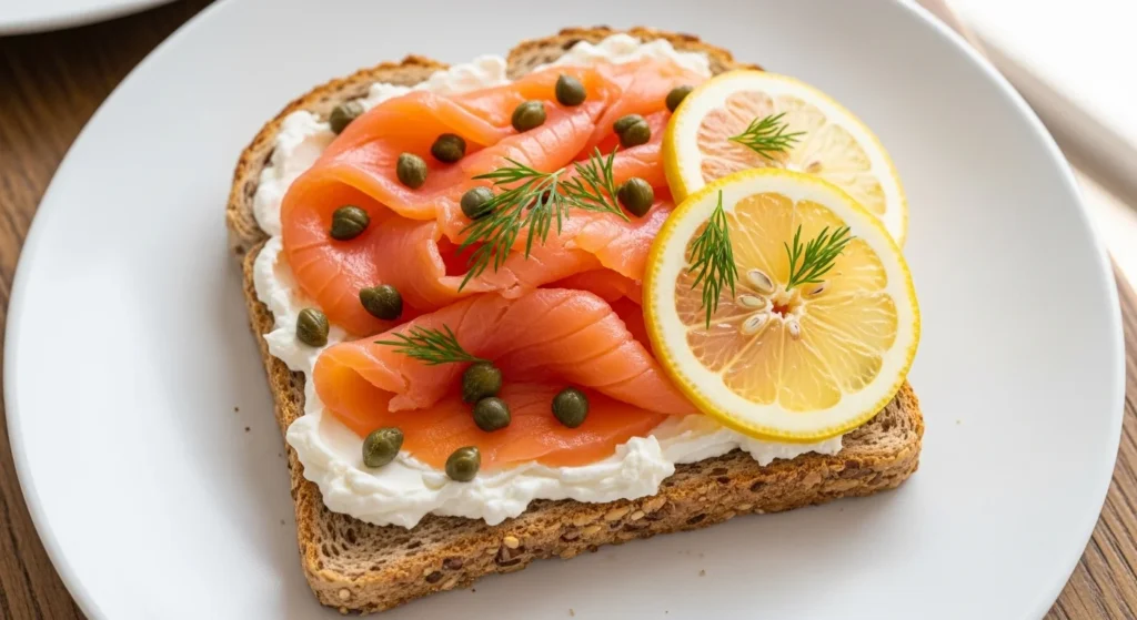 Whole grain toast topped with smoked salmon, cream cheese, capers, and lemon slices.