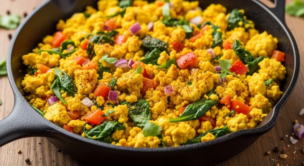 A pan of golden tofu scramble with colorful vegetables and spices.