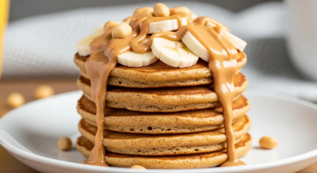A stack of golden protein pancakes topped with banana slices and a drizzle of peanut butter.
