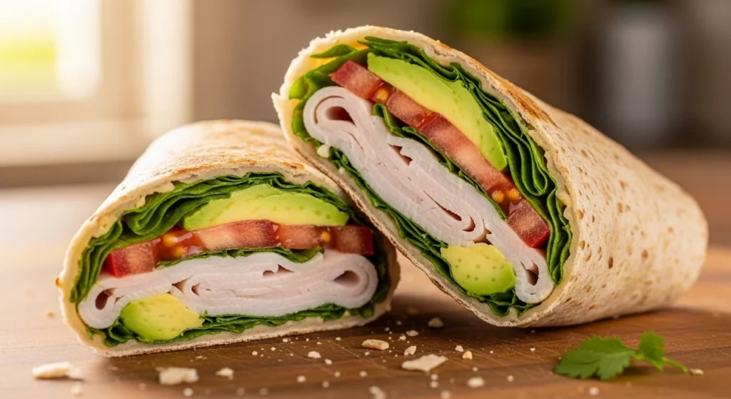 A whole grain high protein breakfast wrap sliced 