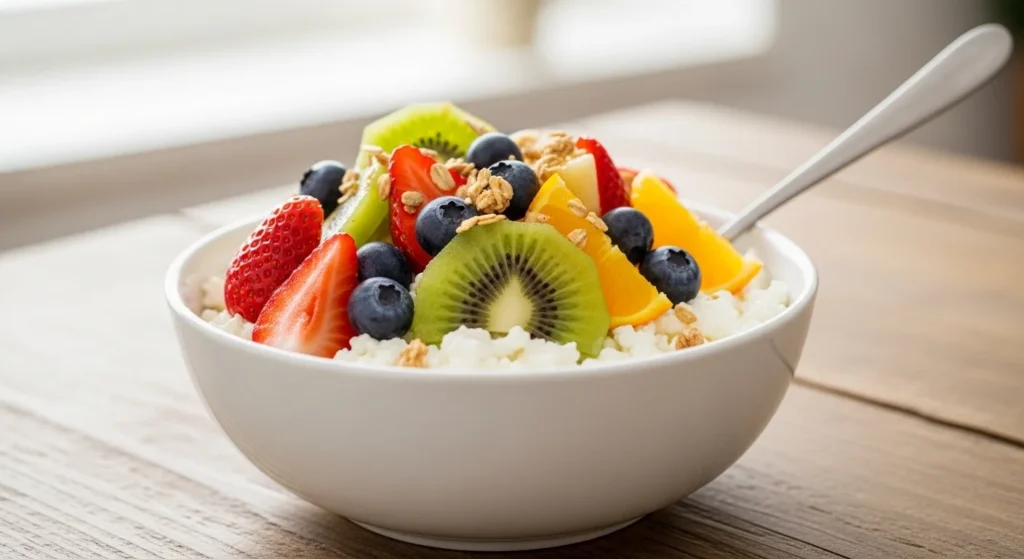 A white bowl of creamy cottage cheese topped with colorful fresh fruit slices.