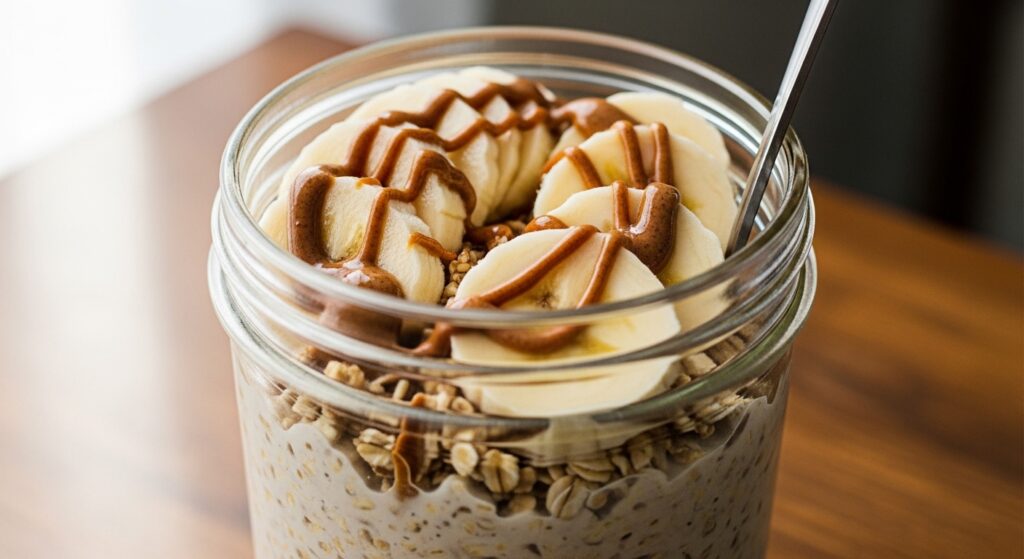 A mason jar filled with overnight oats topped with banana slices and almond butter.