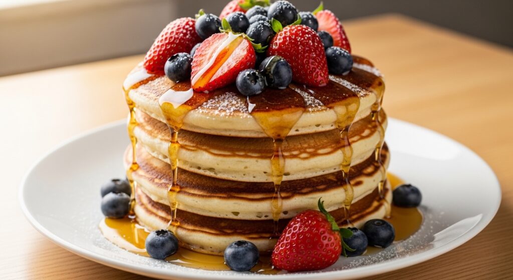 Fluffy pancakes with berries and maple syrup on a white plate.